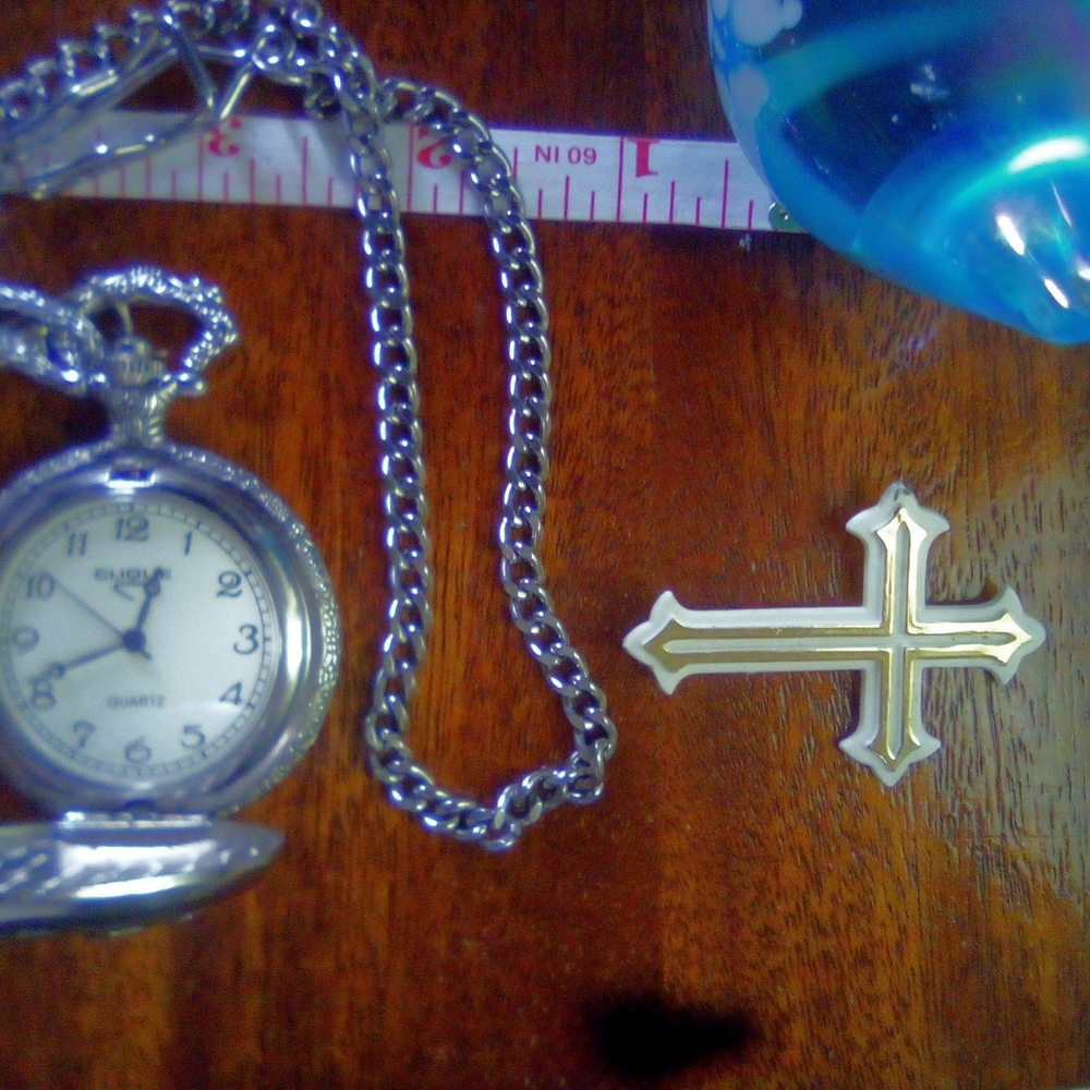 Silver Pocket Watch Necklace with Chain and Cross Pendant